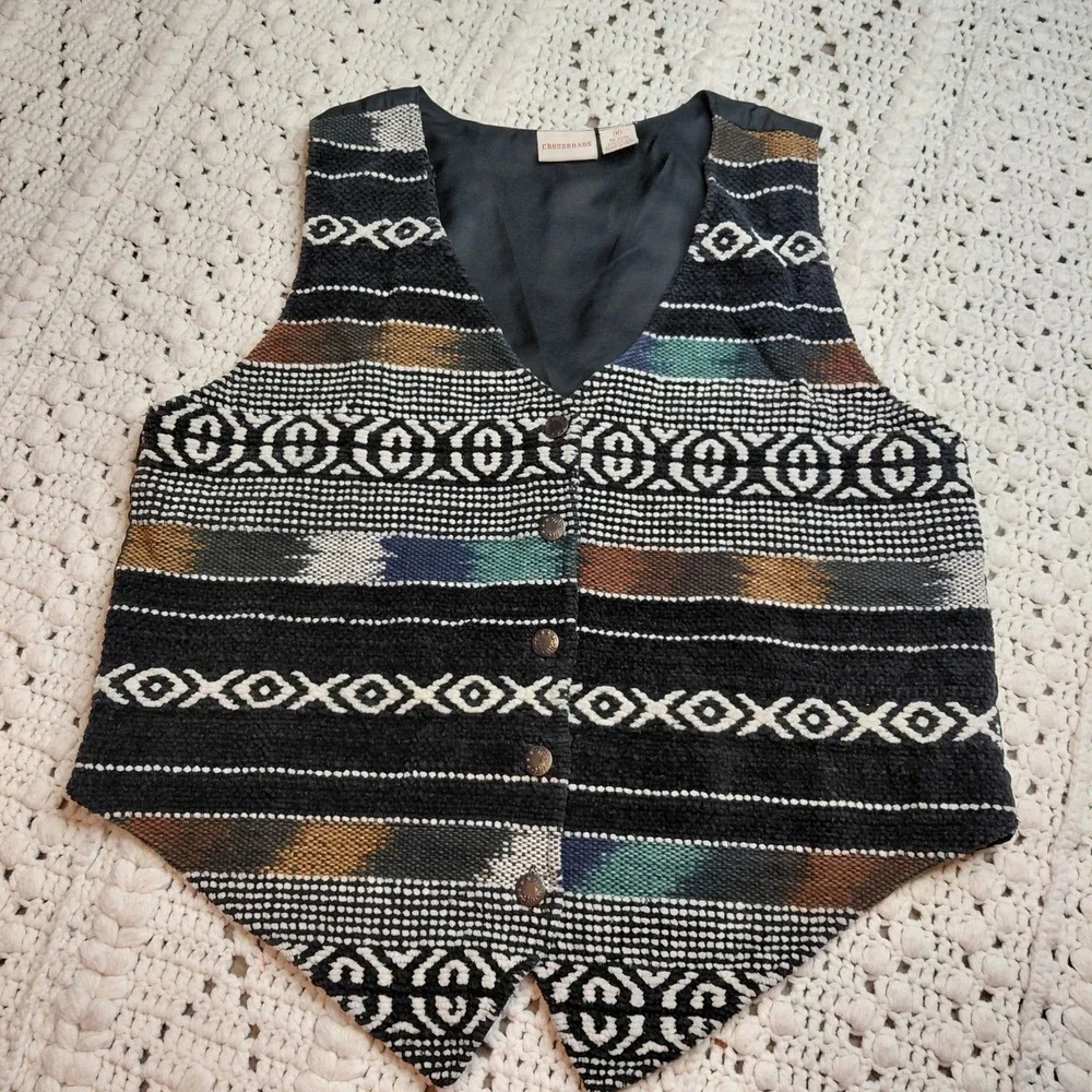 Vtg Crossroads Southwestern Woven Boho Vest M Festival‎ Tapesty Rug Rodeo Queen